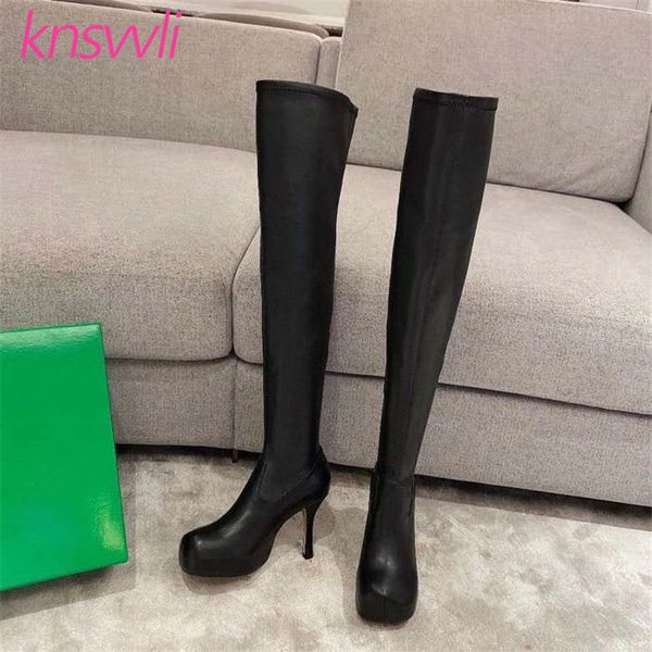 

boots runway platform high heels over the knee women leather stretch long thin heel party shoes woman thigh, Black