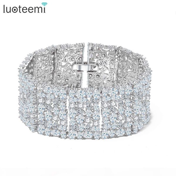 

luoteemi new big luxurious jewelry full shining cubic zircon white gold-color link chain bracelet for women wedding bangle, Black