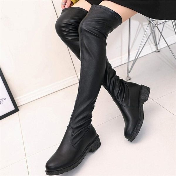 

2020 new pu leather women over the knee boots slip-on high heels autumn woman shoes winter women thigh high boots, Black