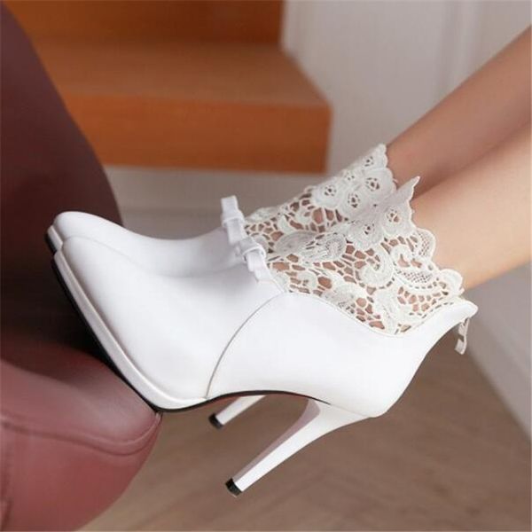 

pxelena elegant lace women wedding boots bride shoes white red black stiletto high heels ankle boots 2020 autumn winter new