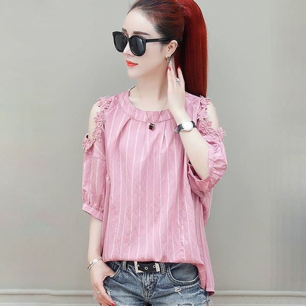 

spring summer style women blouses shirts lady casual off shoulder half sleeve striped printed o-neck blusas dd8958, White