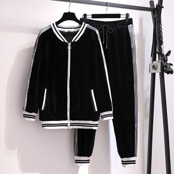 

plus size women's fat mm2020 autumn new sweater casual pants gold velvet two-piece slim fashion women's tracksuits size 2xl-6xl, Gray