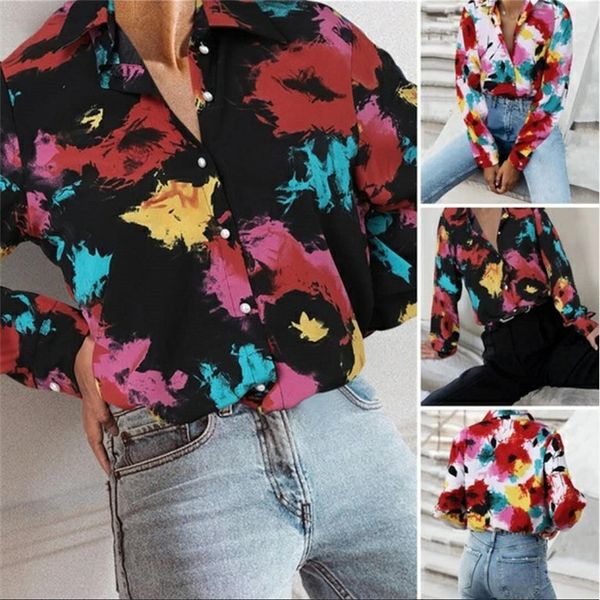 

плюс размер цветочные блузки женские свободные с длинным рукавом отворот шеи высокие улицы мода повседневная осень женские рубашки одежды, White