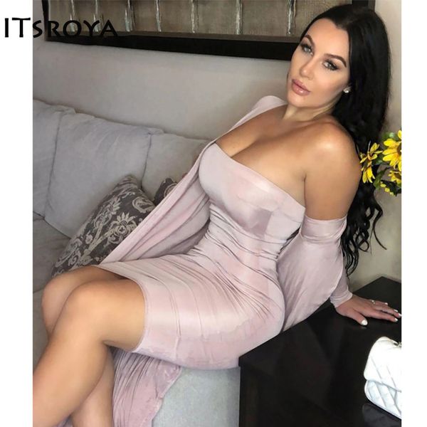 

itsroya solid sexy two piece set длинные рукава пальто без бретелек тонкий midi платье ruched tracksuit bodycon vestidos 2 piece set женщины, Gray