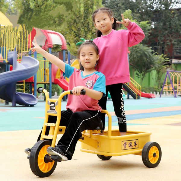 

carbon steel frame kids tricycle with pvc wheel, outdoor bicycle for twins, double trike toy car with back big basket