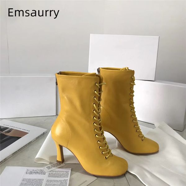 

cross-tied ankle boots women round toe thin heels candy color genuine leather autumn winter short boots woman, Black