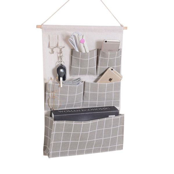 

2020 new plaid hanging bag wall closet storage bag with 5 pockets and and 2 hooks bathroom organizer