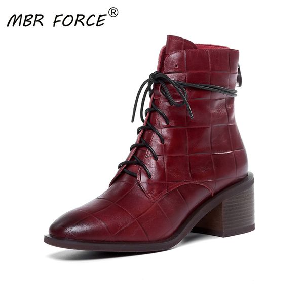 

mbr force cowhide retro fashion all-match ankle boots high heels lace up elegant women ladies shoes woman cool casual travel red, Black