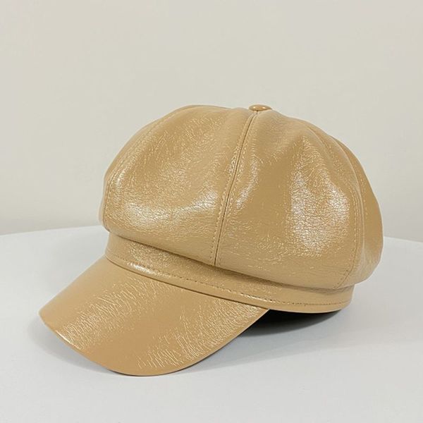

korean women autumn vintage faux patent leather ivy beret cap shiny solid color 8 panels painter leisure octagonal cabbie, Blue;gray