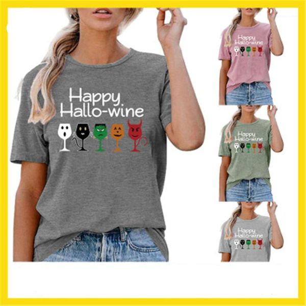 

women t-shirt fashion trend halloween round neck short sleeve tees designer females casual letter pattern loose tshirts happy hallo wine, White