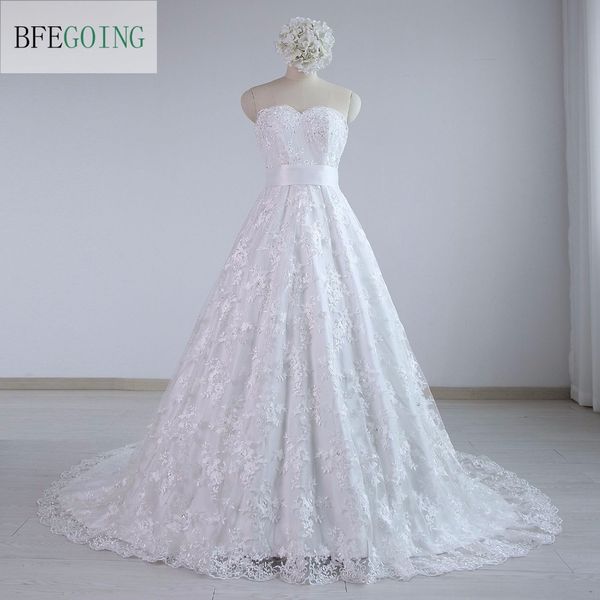 

selling white lace a-line wedding dresses removable satin sash flower chapel train zipper buttons custom made, Blue;red
