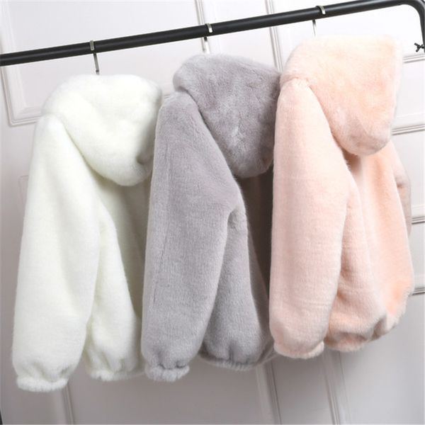 

2021 new faux fur coat with hood high waist fashion slim black red pink jacket fake rabbit fur d390