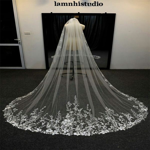 Immagine reale Veli da sposa Chic Tre metri Veli lunghi Applique in pizzo Cristalli Uno strato Lunghezza cattedrale Velo da sposa economico257q