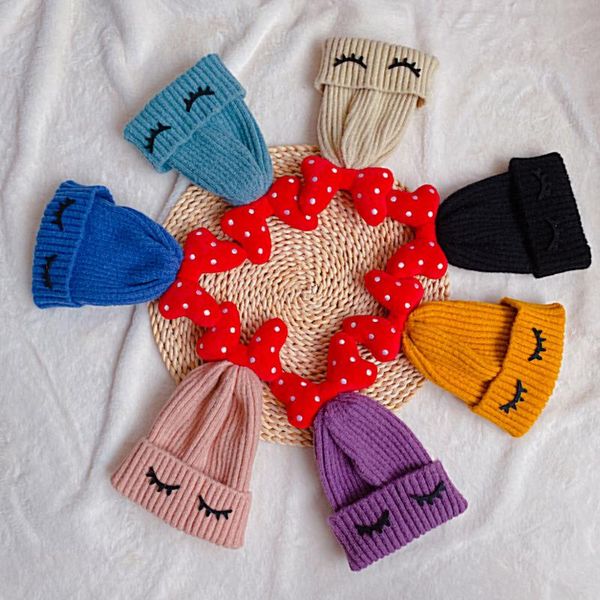 

beanie/skull caps fashion kids hat baby winter knit soft warm beanie cap with double eyelash print polka dot bow for girls, Blue;gray