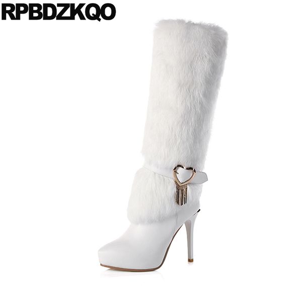 

slim high heel real fur luxury tall long mid calf knee brand women winter boots genuine leather pointed toe white metal, Black