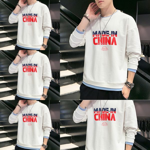 

2020 t-shirt men's ins trendy autumn new round neck long sleeve student loose fake two-piece sweater all-match t-shirt clothingsweater, Black