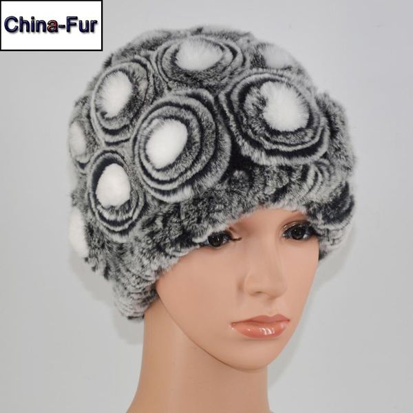 

beanie/skull caps winter floral 100% genuine rex fur skullies hats russian lady knitting real women natural beanies hat, Blue;gray