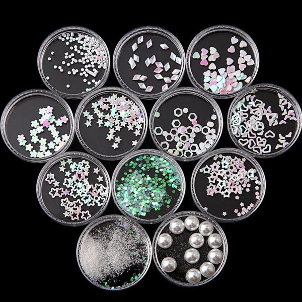 

12pcs laser white various shapes nail art glitter sequins acrylic tips 3d colourful sequins polish manicure nail decoration, Silver;gold