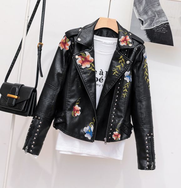 

women's female's zipper rivets embroidery flower leather jacket blazer new dj punk leather short jacket motorcycle jacket, White;black