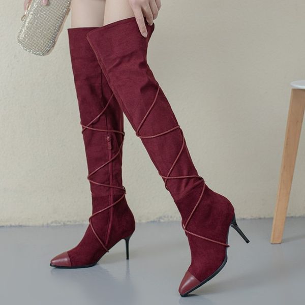 

new womens autumn winter high heel long boots patchwork suede cross-tied pointed high ladies boots over-the-knee women, Black
