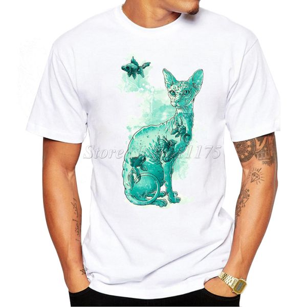 

2019 new creative cat and fish printed men's t shirt cool casual tee