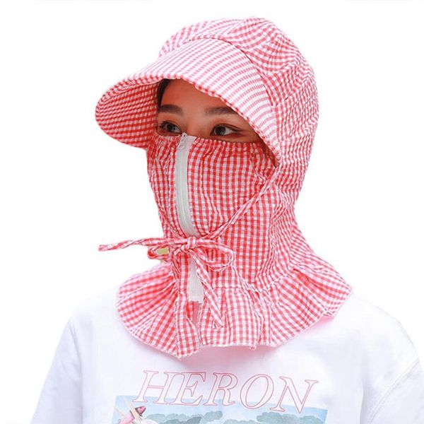 

2020 summer women's outdoor sunblock hats anti-uv empty cycling face zipper lace up cap plaid printed sun hat unisex, Blue;gray