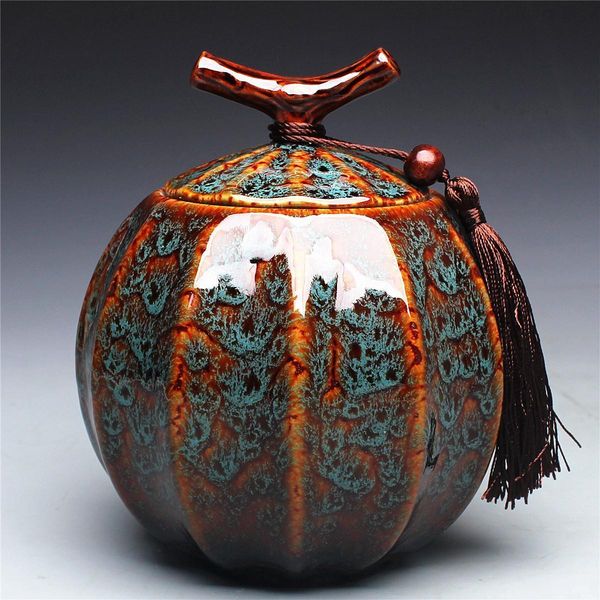 

pumpkin style tea jar ceramic tea barrel black tea sealed tank storage tank puer teacaddy 5 color optional onsale t200506