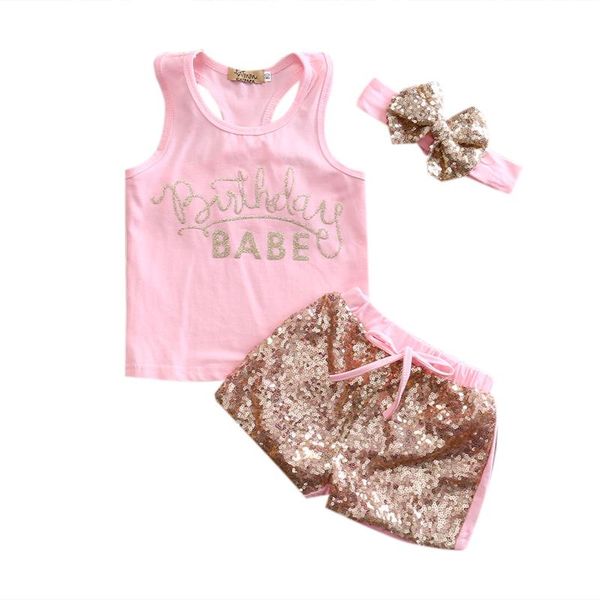 

cute newborn baby girls letter rompers vest + sequin pants outfits + headband 3pcs set clothes, White