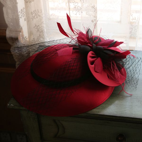

burgundy white veil wedding hat fairy flower mesh fascinator fedora hat elegant ladies cocktail bride headpieces 2020, Blue;gray