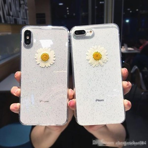 

glitter 3d daisy clear phone case for iphone xs max xr xs 6 6s 7 8 plus x real flowers transparent soft tpu back cover