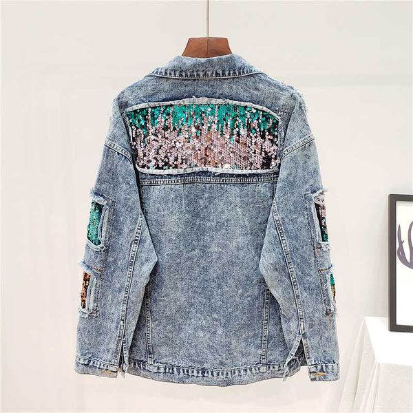 

women's jackets vintage jeans jacket coat women fashion handwork sequins holes long sleeve loose short denim streetwear female outerwea, Black;brown