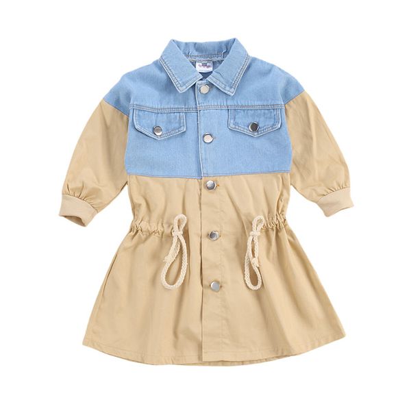 

kids baby girls denim patchwork trench coat autumn fashion long sleeve buttons jacket windbreaker outerwear coats 1-6y, Blue;gray