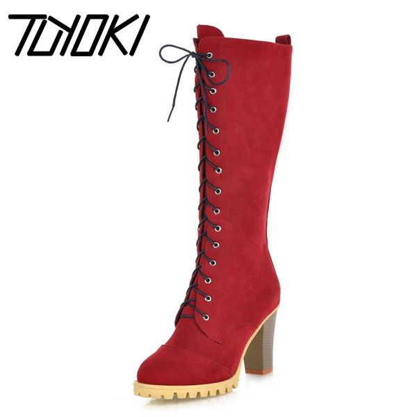 

boots tuyoki women high heels lace up winter long round toe woman shoes knee footwear size 34-40, Black