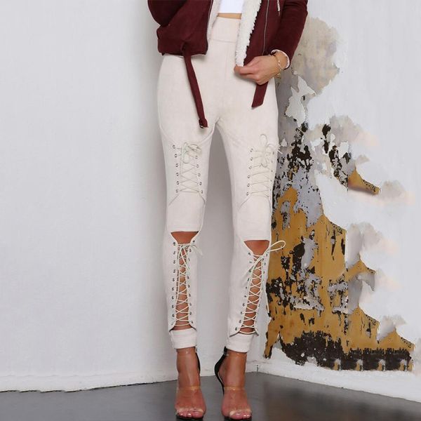 

yoga outfits women bandage pants lace up female suede leather pencil fashion cut out sportswear trousers, White;red