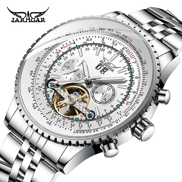 

wristwatches mens watches fashion jaragar men automatic mechanical stainless steel tourbillon skeleton relogio masculino, Slivery;brown
