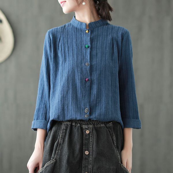 

women's blouses & shirts johnature striped vintage women linen chinese style spring long sleeve stand casual 2021 cloths, White