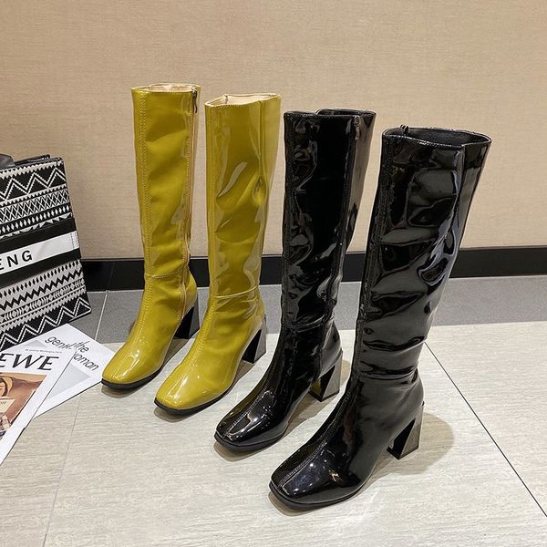 

лакированной кожи женщин дождя сапоги скольжения на колено высокие сапоги женщин площади моды каблука повседневная синий фиолетовый женщин о, Black