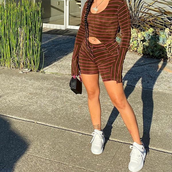 

flare sleeve hollow out designer shorts suits striped printed long sleeve asymmetrical womens clothing 2 piece set, White