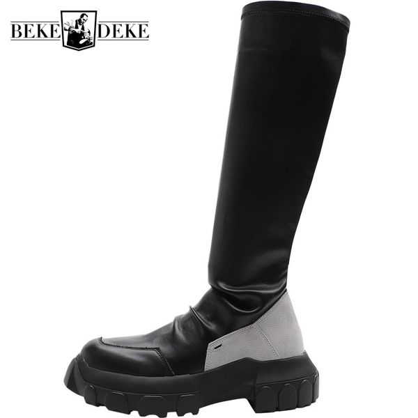 

fashion womens stretchy knee high boots leather antiskid thick platform shoes lady warm fleece slip on knight boots, Black