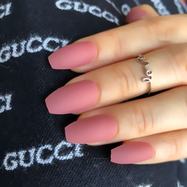 

false nails 2021 24pcs matte ballet coffin nail polished piece soft natural pointed manicure tips easy to wear s28, Red;gold