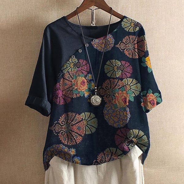 

summer print buttons blouse shirts elegant o-neck cotton linen blouses women short sleeve pullover blusa feminina 2020 #t1g, White