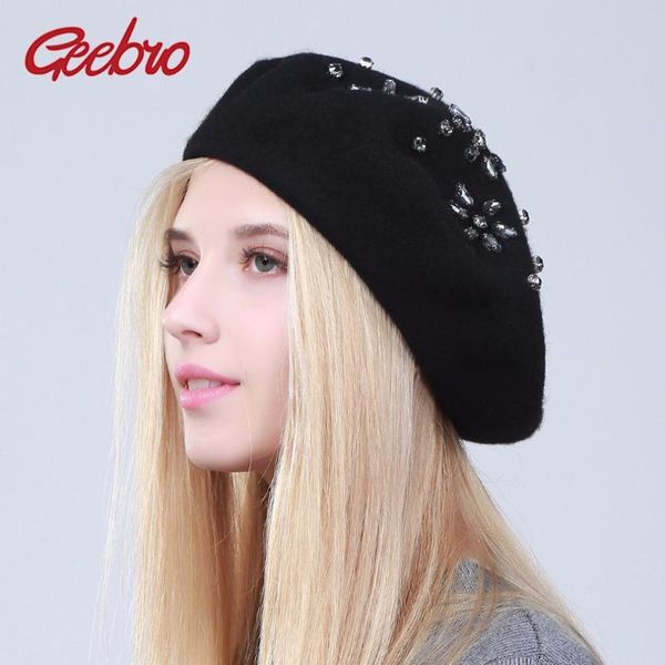 

geebro women's beret hat fashion solid black wool knitted berets with rhinestones ladies french artist knit beret hat female, Blue;gray