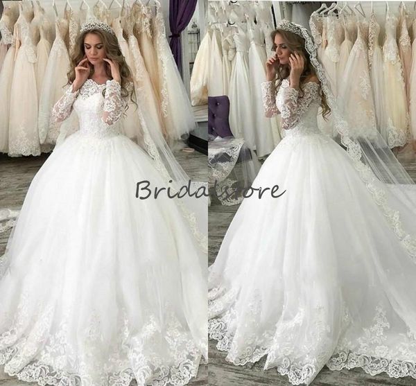 

princess white ball gown wedding dresses with long sleeves boat neck lace country wedding dress 2020 zipper back appliques bridal gown cheap