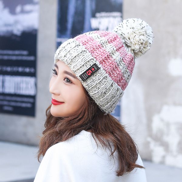 

winter hat ladies fashion matching color woollen hat with wool thickened warm and cold knit hats beanie pom pom, Blue;gray