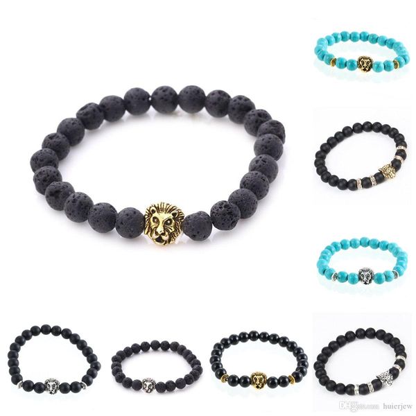 Charms-Armbänder für Männer, vergoldetes Buddha-Leo-Löwenkopf-Armband, schwarze Lava-Naturstein-Perlenarmbänder