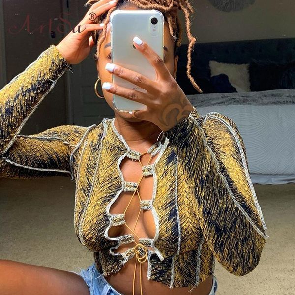 

women's t-shirt autumn lace up bandage female clubwear chic hollow out printed street crop 2021 long sleeve women top, White