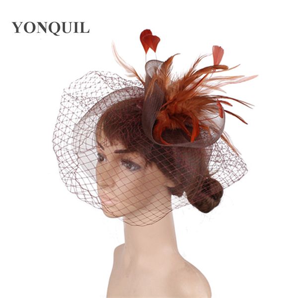 

stingy brim hats elegant womens fashion net headwear with fancy feather fascinator fedora cap hair pin handmade accessories, Blue;gray