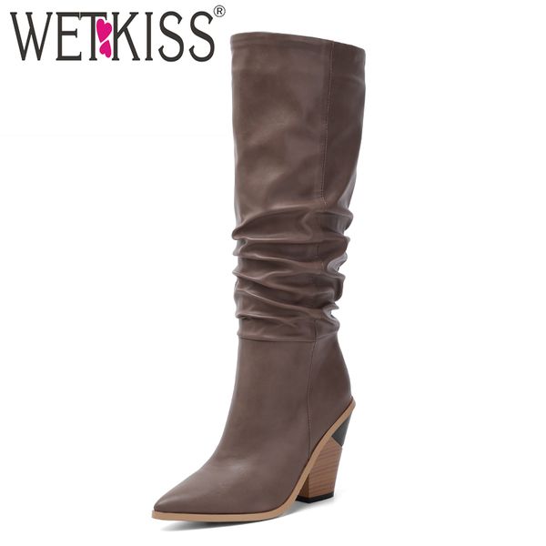 

wetkiss slouch boots women high heels wood western boot female knee high shoes ladies pointed toe pu shoes women winter 2020, Black
