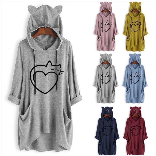 

women oversized hoodie blanket casual print cat ear hooded long sleeves pocket irregular blouse shirt sweat a capuche #y2, Black