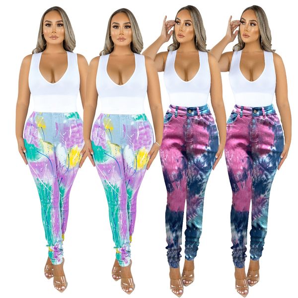 

women jeans color print graffiti wash jeans without mid waist pants popular sale, Blue